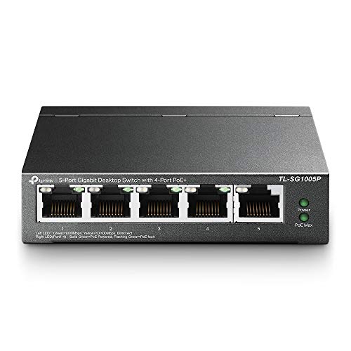 TP-Link TL-SG1005P, 5 Port Gigabit PoE Switch, 4 PoE+ Ports @65W, Desktop, Plug & Play, Sturdy Metal w/ Shielded Ports, Fanless, QoS & IGMP Snooping,black