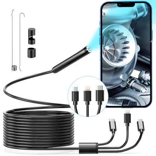 FOXOLA Wireless Endoscope, Wi-Fi Industrial Borescope with 6 LED Lights, 7.9mm 3 in 1 USB Snake Camera, Waterproof IP67 Inspection Camera for OTG Android, iPhone (10ft, Type-C, Micro, Lightning)
