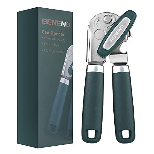 Can Opener Manual with Magnet and Sharp Blade Smooth Edge, Handheld Openers with Big Effort-Saving Knob, Can Opener with Multifunctional Bottles Opener, Green