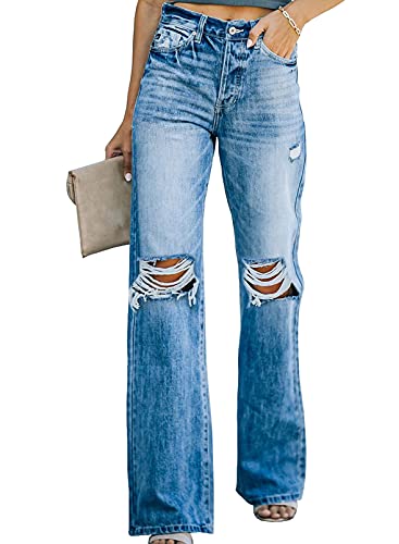 Sidefeel Women's High Waisted Ripped Flared Jeans Destroyed Wide Leg Denim Pants Blue Size 8
