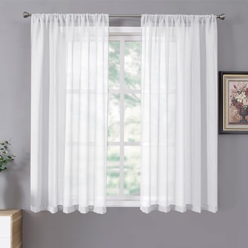 Tollpiz Short Sheer Curtains Linen Textured Bedroom Curtain Sheers Light Filtering Rod Pocket Voile Curtains for Living Room, 54 x 45 inches Long, White, Set of 2 Panels