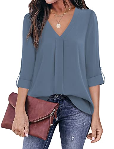Youtalia Business Casual Tops for Women, Ladies 3/4 Cuffed Sleeve V Neck Pleats Fitted Tunic Blouse (Large, Blue Grey)
