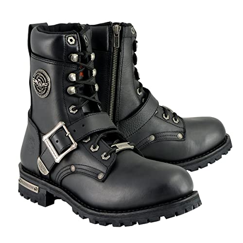 Milwaukee Leather MBM101 Men's Black Leather Lace-Up Engineer Motorcycle Boots w/Buckles and Side Zipper Entry - 10.5