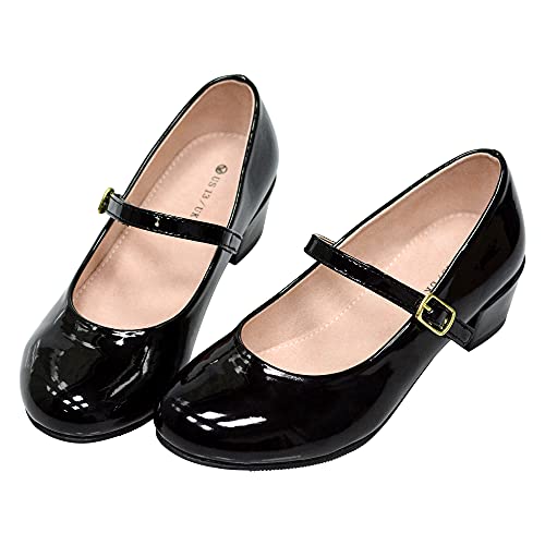 WIKENCY Girls Dress Shoes-Mary Jane Shoes for Girls, Princess Wedding Party Flower Girl School Shoes Low Heel Flats for Little/Big Kids Black 4 US Big Kid