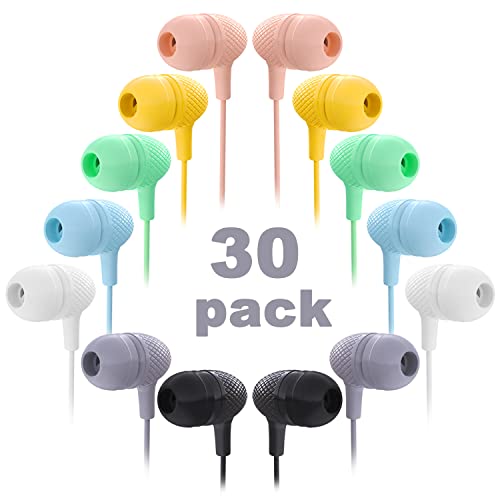 Kids Earbuds Bulk 30 Pack Macaron Colors Mixed, Wholesale Durable Earphones in-Ear Headphones Perfect for Schools Classrooms Students Teens Children Gift and Adult