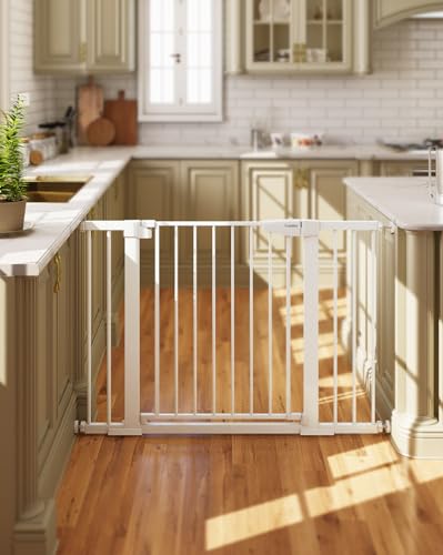 Cumbor 29.7-46' Baby Gate for Stairs, Mom's Choice Awards Winner-Auto Close Dog Gate for the House, Easy Install Pressure Mounted Pet Gates for Doorways, Easy Walk Thru Wide Safety Gate for Dog, White