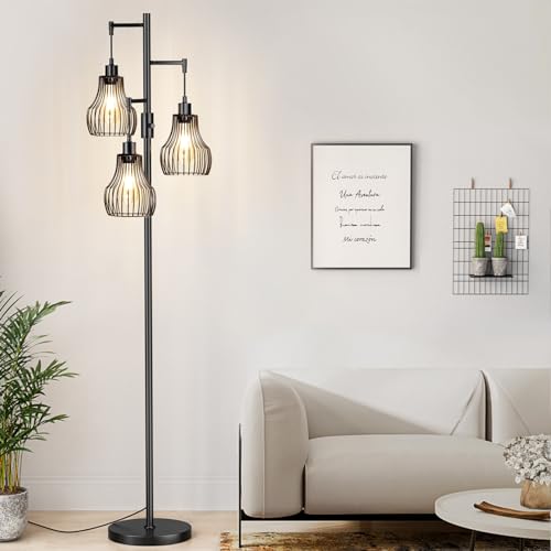 Dimmable Floor Lamp, 3 x 800LM LED Edison Bulbs Included, Farmhouse Industrial Floor Lamp Standing Tree Lamp with Elegant Cage Tall Lamps for Living Room Bedroom Office - Black