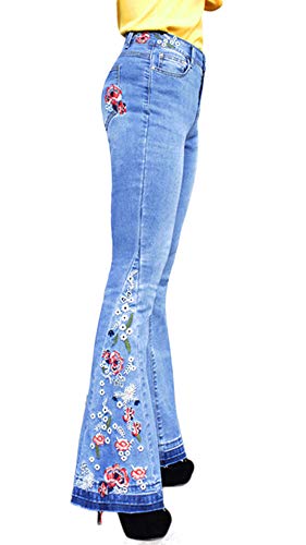 CHARTOU Womens Chic Floral Embroidered High-Rise Bell Bottom Flare Jeans Broad Feet Long Denim Pants (Blue, Large)