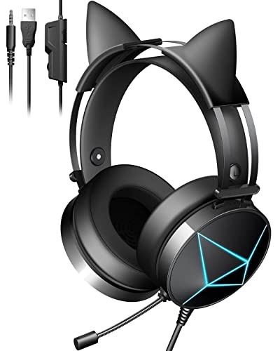 Cat Ear Headphones with Noise Canceling Microphone and Surround Sound, Gaming Headset with Removable Cat Ears, LED Lights, Compatible with PC, Xbox One, PS4, PS5, Switch, Black Gamer Headset Wired