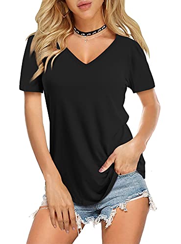 Amoretu Women Summer T Shirts Short Sleeve Curved Hem Solid Color Tops(Black,L)