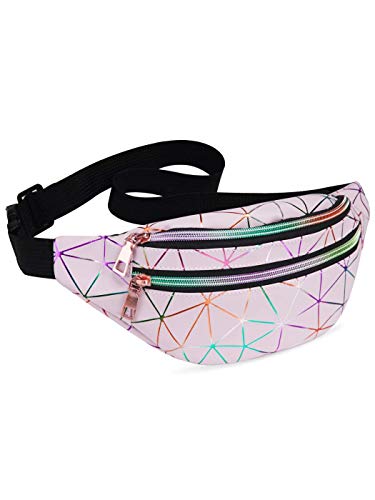 LIVACASA Holographic Fanny Packs for Women Waterproof Waist Packs Shiny with Adjustable Belt Diamond Lattice Pattern for Party Festival Trip Cute Pink