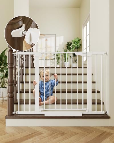 Cumbor 29.7-46' Baby Gate for Stairs, Mom's Choice Awards Winner-Auto Close Dog Gate for the House, Easy Install Pressure Mounted Pet Gates for Doorways, Easy Walk Thru Wide Safety Gate for Dog, White