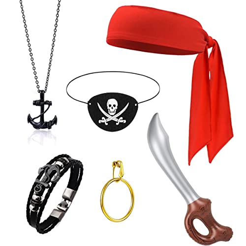 FUEAWIM 6 Pcs Pirate Accessories Set Pirate Bandana Headband Captain Eye Patch Pirate Role Play Dress Up Kit for Halloween Pirate Party Favor Costume