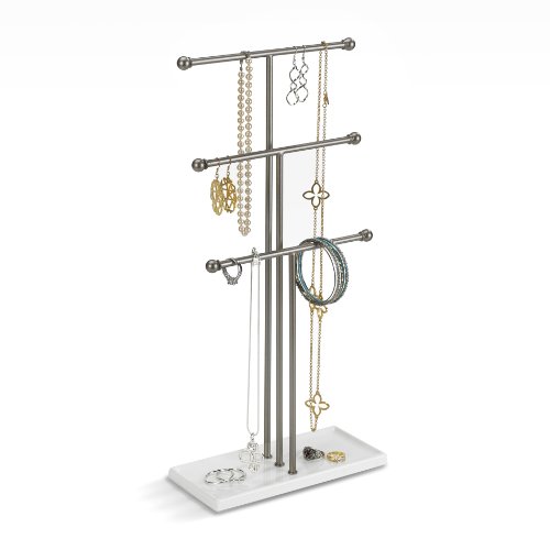 Umbra Trigem Hanging Jewelry Organizer Tiered Tabletop Free Standing Necklace Holder Display, White/Nickel