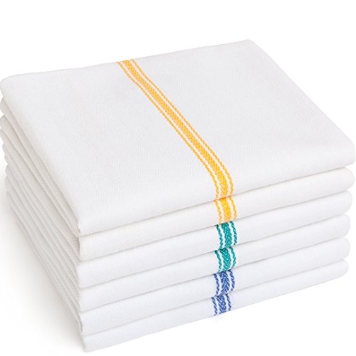 Premia Kitchen 6 Dish Towels Towels (2 Blue, 2 Yellow, 2 Green) - Absorbent 100% Cotton Herringbone (14'x25') - Commercial Quality: 24 oz/dz - White Classic Tea Towels - Low Lint