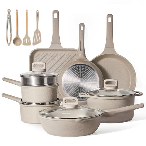CAROTE Pots and Pans Set Non Stick, 16Pcs Kitchen Cookware Set, Stackable Induction Cookware, Pot and Pan set, Pans for Cooking, Taupe Granite