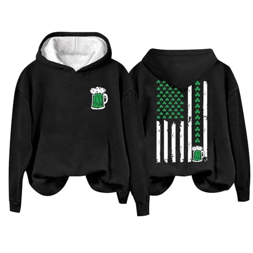 women's st. patrick's day sweatshirt St Patricks Day Sweatshrit for Women American Flag Print Hoodie Shamrock Graphic Sweatshirt Clover Long Sleeve Tops Pullover Sweater (02-Black, XXL)