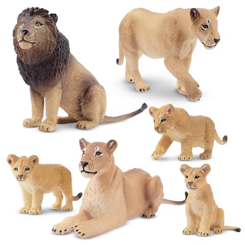 Toymany 6PCS Realistic Lion Figurines with Lion Cubs, 2-5' Jungle Animals Figures Family Set Includes Baby Lions, Educational Toy Cake Toppers Christmas Birthday Gift for Kids Toddlers