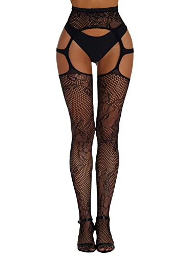 Verdusa Women's Fishnet Stockings Tights High Waist Lace Suspender Pantyhose Cut Out Black one-size