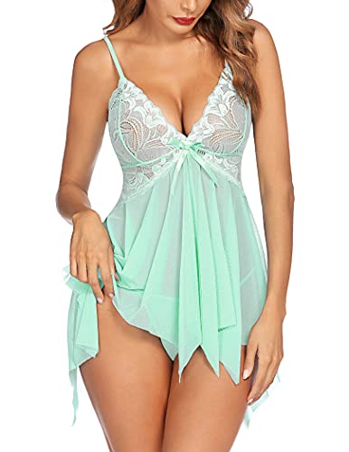 Avidlove Women Lingerie Babydoll Lace Nightdress V Neck Sleepwear Mesh Chemise Apple Green