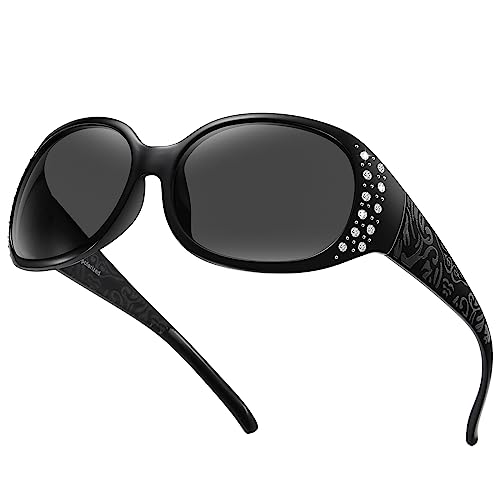 HAOLOTA Retro Polarized Sunglasses for Women, Rhinestone Wrap Around Sunglasses with UV400 Protection
