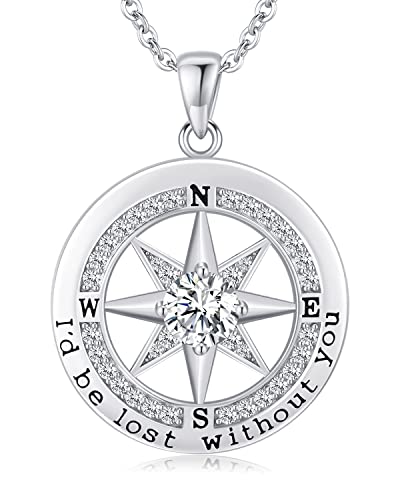 S925 Necklace Gift for Wife, Compass Jewelry Women Anniversary, Sterling Silver Girlfriend Birthday Gifts for Her, Valentines Day Necklaces, I'd be Lost without You Jewel 18K White Gold