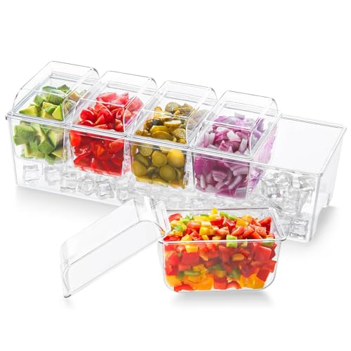 Lifewit Ice Chilled Condiment Caddy with 5 Containers(2.5 cup), Condiment Server with Separate Lids, Serving Tray Platter with Removable Dishes for Bar Accessories, Fruit, Salad, Taco, Party Garnish