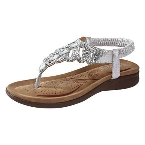 Women Summer Hollow Flat Thong Sandals Comfy Elastic Ankle Strap Crystal Rhinestone Decor Scallop Trim Sandal Bohemian Silver, 8.5