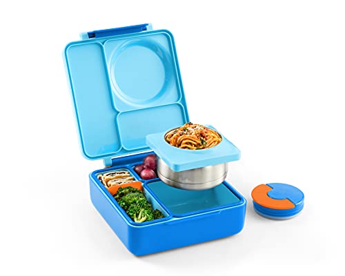 OmieBox Bento Box for Kids - Insulated Lunch Box with Leak Proof Thermos Food Jar - 3 Compartments, 2 Temperature Zones (Blue Sky)