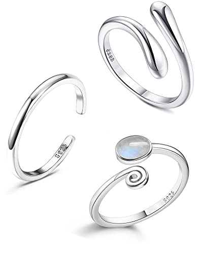 Jstyle 925 Sterling Silver Open Toe Rings Set for Women Adjustable Rainbow Moonstone Band Tail Ring Women Beach Foot Jewelry Set