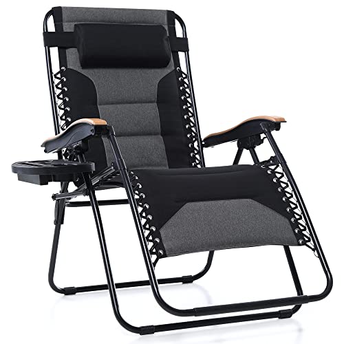 PHI VILLA XXL Oversized Padded Zero Gravity Chair, Foldable Patio Recliner, 30' Wide Seat Anti Gravity Lounger with Cup Holder, Support 400 LBS (Black)