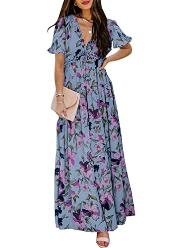 BLENCOT Women's Casual Boho Floral Printed Deep V Neck Loose Short Sleeve Long Evening Dress Ruched Cocktail Party Maxi Wedding Dress Blue Large