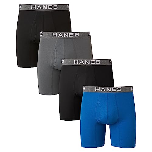 Hanes Ultimate mens Comfort Flex Fit Ultra Soft Cotton Modal Blend 4-pack Boxer Briefs, Black/Grey/Blue - 4 Pack, Medium US