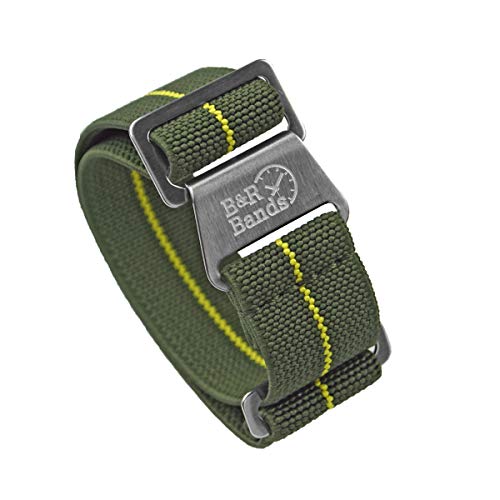 B & R Bands Military Elastic Parachute Style Watch Band Straps - Choice of Colors - 20mm 22mm (20mm, Olive/Yellow)