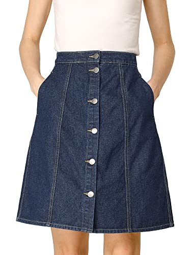 Allegra K Women's Denim Skirts Summer A-Line Short Button Down Jean Skirt Large Navy Blue