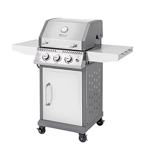 Royal Gourmet GG3001S Stainless Steel 3-Burner Propane Gas Grill, 25,500 BTU, Cabinet Style Outdoor BBQ Grill with Side Tables, Outdoor Cooking Grill for Patio Garden Barbecue, Silver