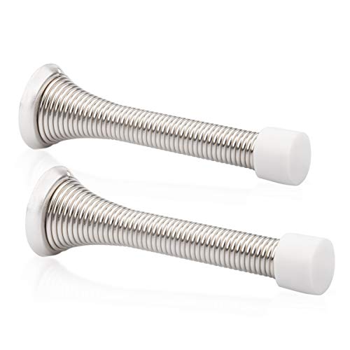 KOVOSCH 2 Pack Spring Door Stopper Brushed Satin Nickel- 3-1/4' Flexible Spring Door Stops with White Rubber Bumper Tips