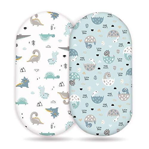 GRSSDER Stretchy Ultra Soft Fitted Bassinet Sheet Set 2 Pack, Universal Fit for Bassinets Baby Cradle Moses Basket Oval Rectangle Pad/Mattress, Happy Dinosaurs Bassinet Sheets for Girls and Boys