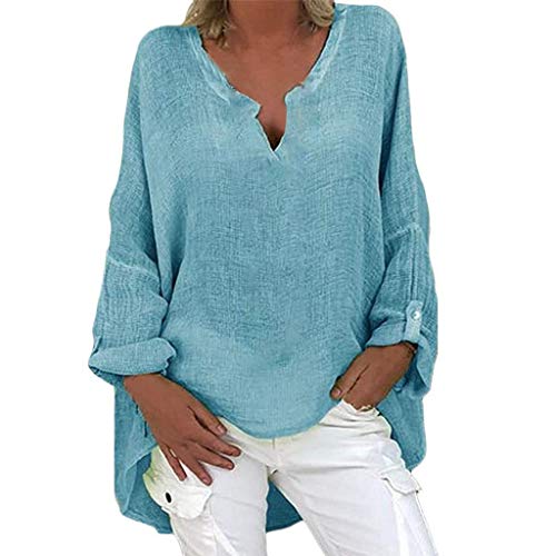 Meikosks Cotton and Linen Tops Womens Long Sleeve Solid Color Blouses V-Neck Shirt Plus Size Tops Blue