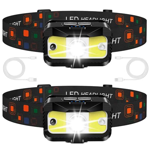 MIOISY Headlamp Rechargeable,1200 Lumen Ultra Bright LED Head Lamp Flashlight with White Red Light, 2 Pack Motion Sensor Waterproof Headlight, 8 Modes Lights for Outdoor Camping Fishing Running