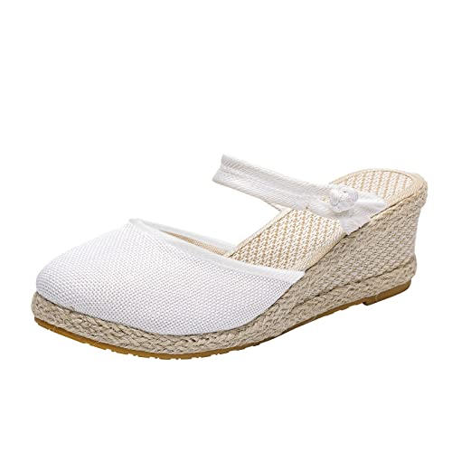 Women Round Toe Platform Wedge Sandal Closed Toe Espadrille Wedge Sandals Dressy Summer Sandals for 2024 Summer White, 8