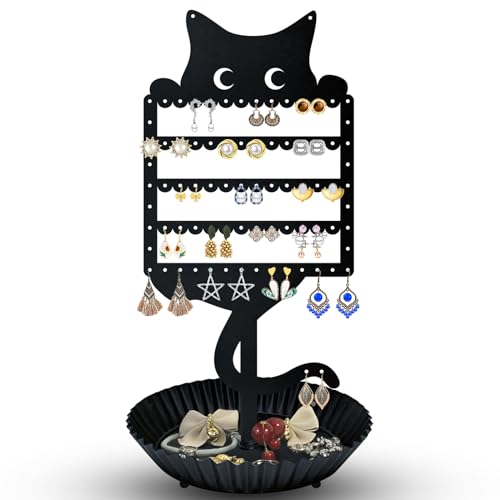 WOXBITA Earring Holder Hanging Organizer Stand Jewelry Rack Metal Cute Cat Tree Shelf Room Decor Table Ear Stud Holder Display Tower with Ring Storage Tray for Teens Girls Kids Cat Lovers