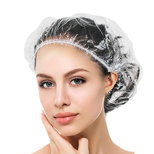 Auban 100PCS Disposable Shower Caps Individual Packing, Plastic Clear Hair Cap Large Thick Waterproof Bath Caps for Women, Hotel Travel Essentials Accessories Deep Conditioning(19.3')