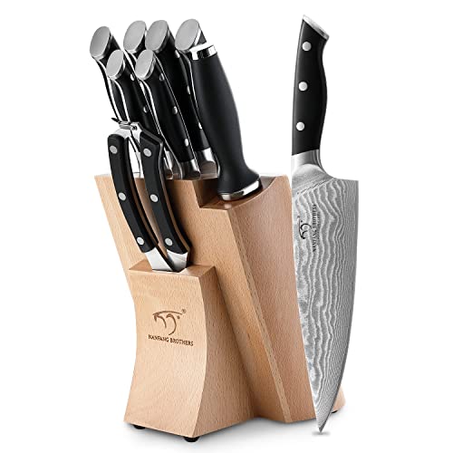 NANFANG BROTHERS Knife Sets, 9 Pieces Damascus Kitchen Knife Set with Block, ABS Ergonomic Handle for Chef Knife Set, Knife Sharpener and Kitchen Shears, Knife Block Set