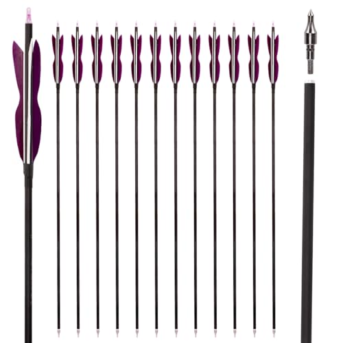 LWANO 31' Carbon Hunting Arrows Archery Target Practice Arrows with 5' Turkey Feathers Spine 500 for Recurve Bow and Compound Bow(Pack of 12) (7.8MM Purple)