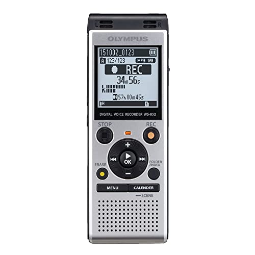 Olympus WS-852 silver voice recorder with true stereo mic, 4GB, 110 hours battery life, microSD external memory, USB, with MP3 file format.