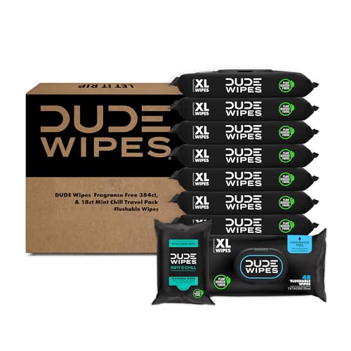 DUDE Wipes - Flushable Wipes - Unscented 8 Pack + Mint Travel Pack, 402 Wipes - Extra Large Dispenser Wet Wipes with Vitamin E & Aloe For Men - Septic and Sewer Safe