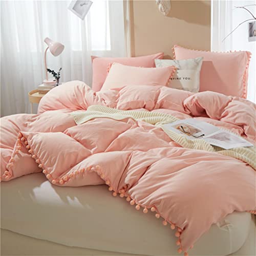 IHOUSTRIY Kid's Duvet Cover Twin Size,100% Washed Microfiber 2pcs Girl Bedding Duvet Cover Set, Pom Poms Fringe Solid Color Soft and Breathable with Zipper Closure & Corner Ties (Peach Pink, Twin)