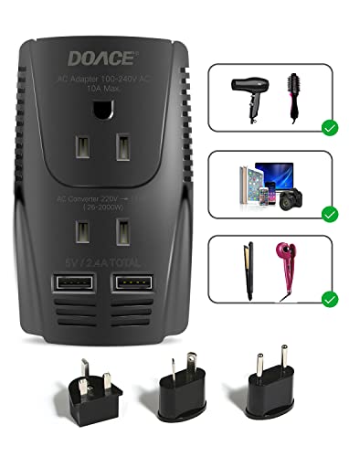 DOACE 220V to 110V Converter, 2000W Travel Voltage Converter for Hair Dryer Straightener Curling Iron, 10A Power Adapter with 2 USB and EU/UK/AU/US Plugs for Charging Laptop Tablet Camera Cell Phone