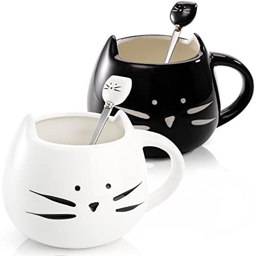ZEAYEA Set of 2 Cat Coffee Mug, 12 oz Ceramic Cute Tea Milk Cup with Spoon for Women Girls Cat Lovers, Couple Coffee Mugs Best Gift for Christmas, Birthday, Anniversary, White and Black